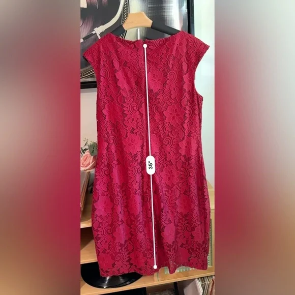 Kasper Red Floral Lace Sheath Dress Medium Cap Sleeve 35” Lined Cocktail - Picture 4 of 6
